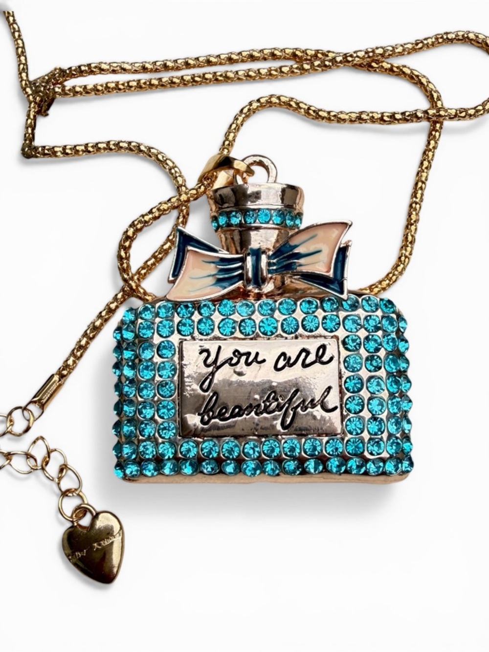 Betsey Johnson Perfume Bottle Pendant Necklace You Are Beautiful Aqua Crystals - Picture 2 of 8